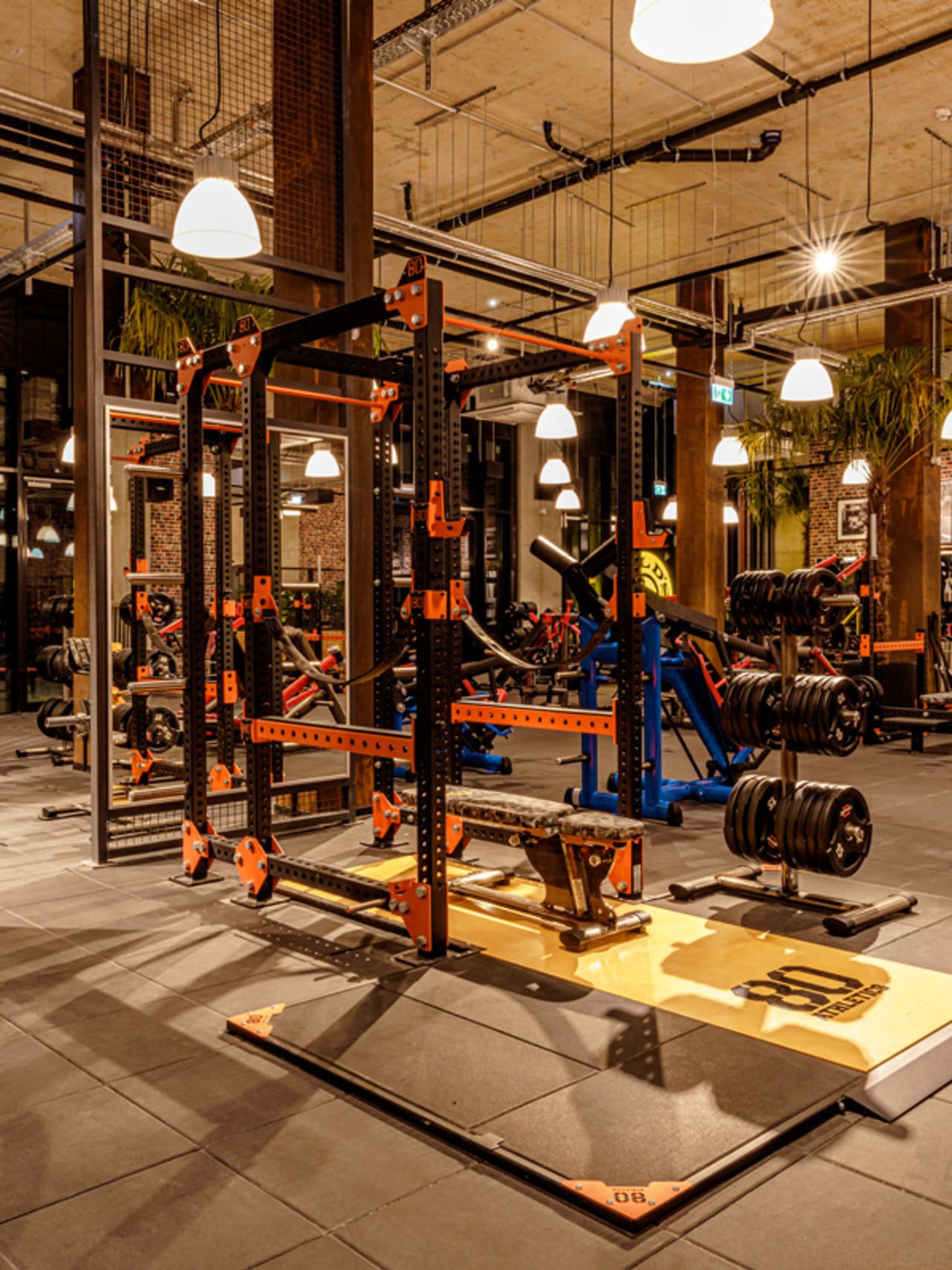 Rack mit Hantelbank und Gewichten im Gold's Gym Fitnessstudio München