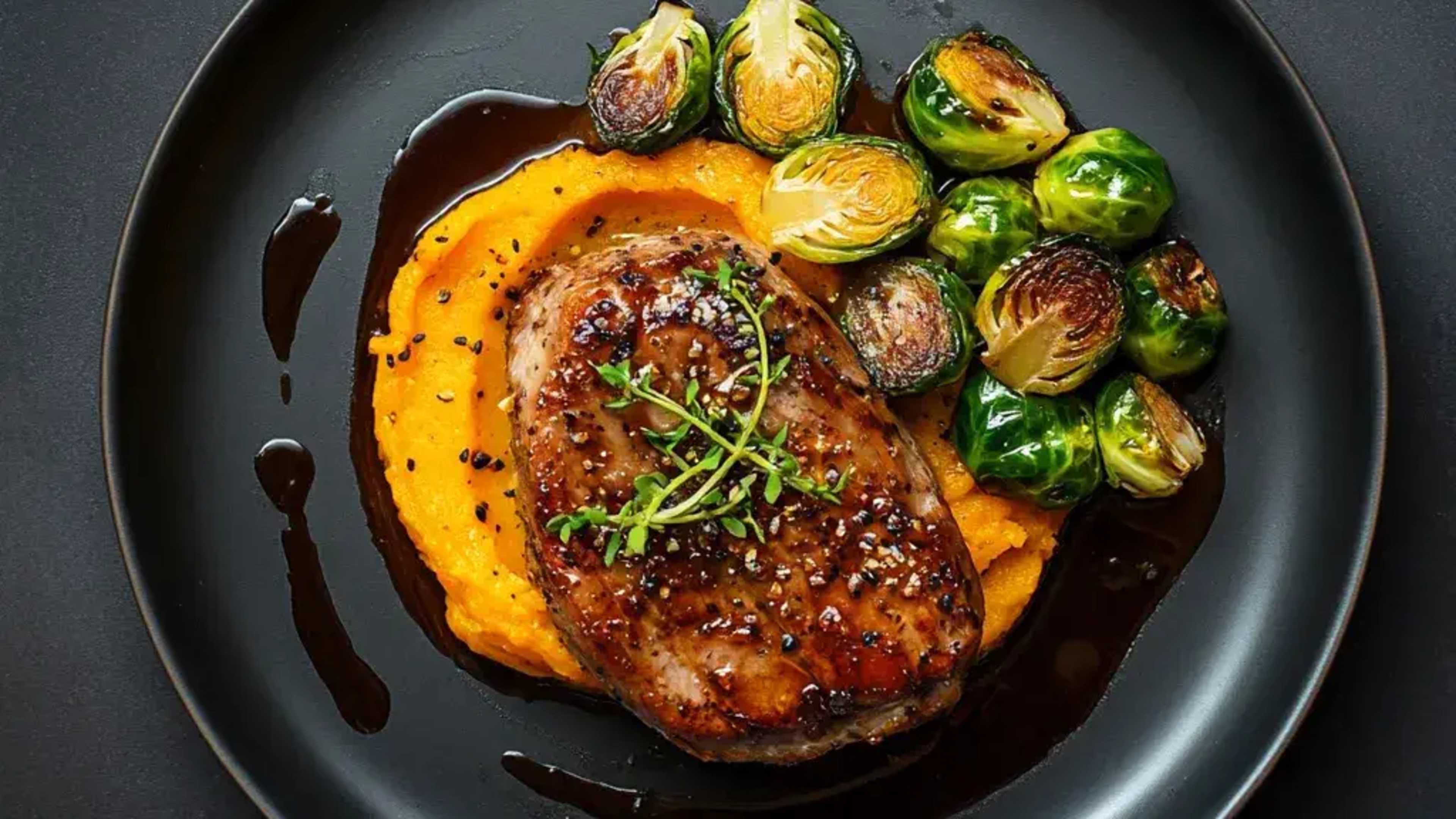 Ein Teller mit Schweinefilet, Kürbispüree und Rosenkohl