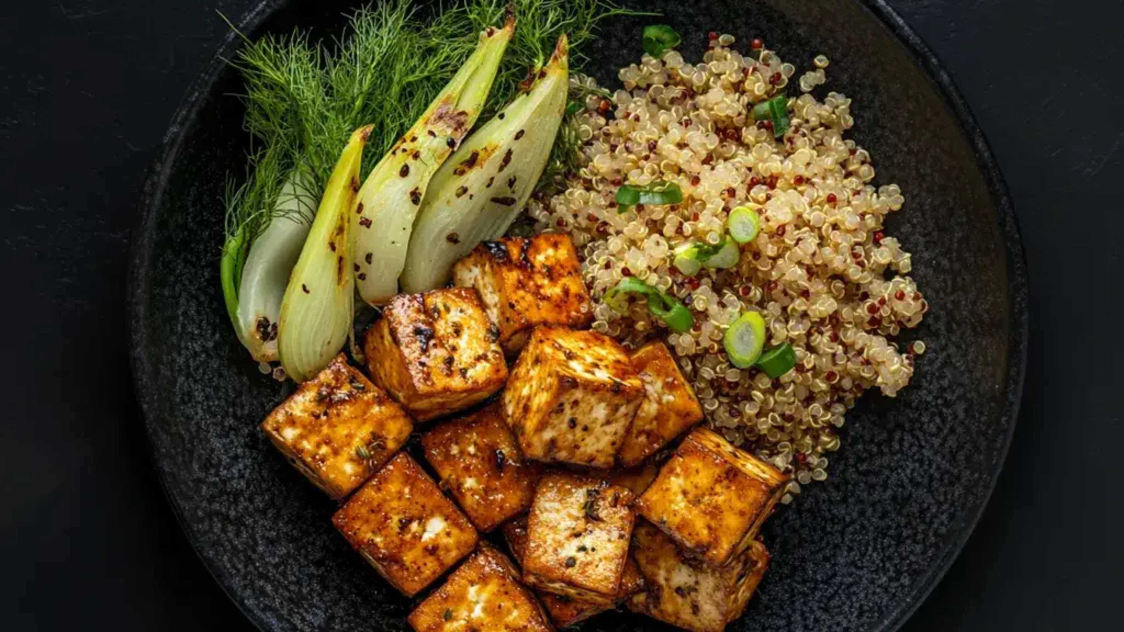 Tofu mit Quinoa und Fenchel auf einem schwarzem Teller