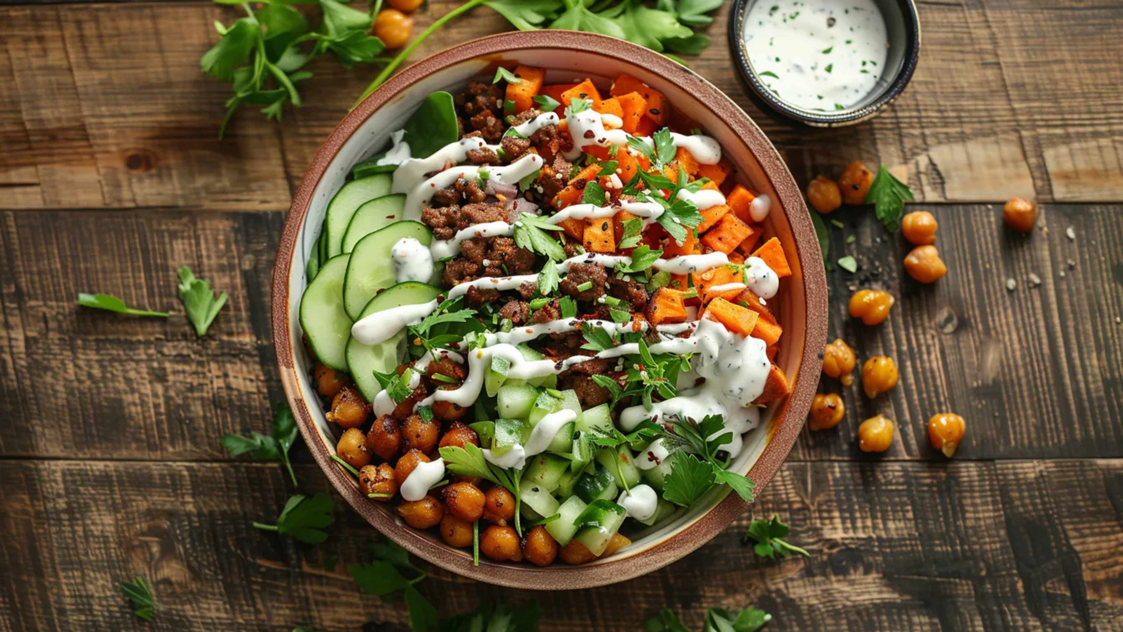 Eine Bowl mit Süßkartoffel, Hack, Kichererbsen, Gemüse und Dressing auf einem rustikalen Holztisch