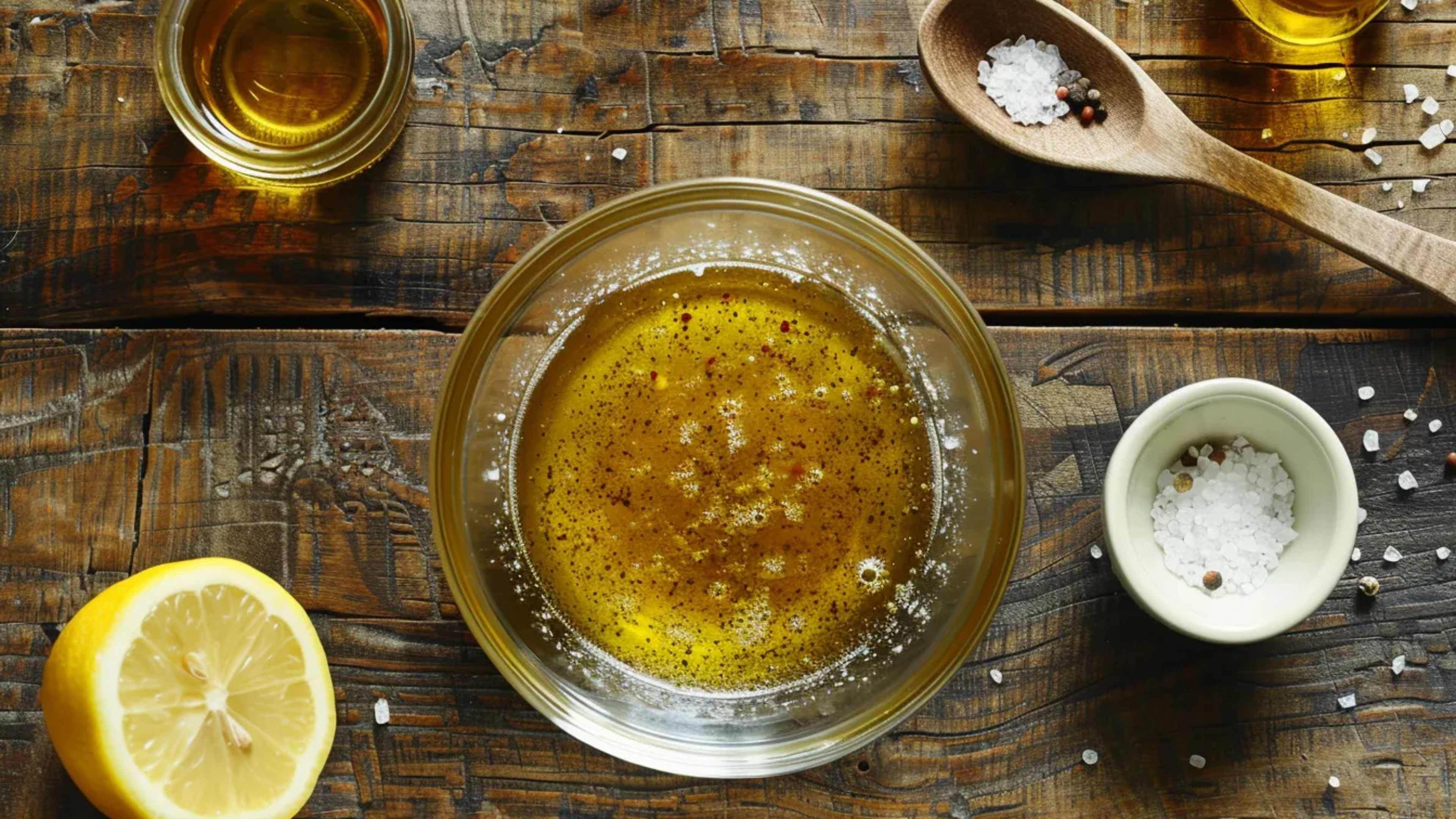 Ein Schälchen mit einer Vinaigrette aus Olivenöl und Zitrone sowie die Zutaten außenrum auf einem rustikalen Holztisch