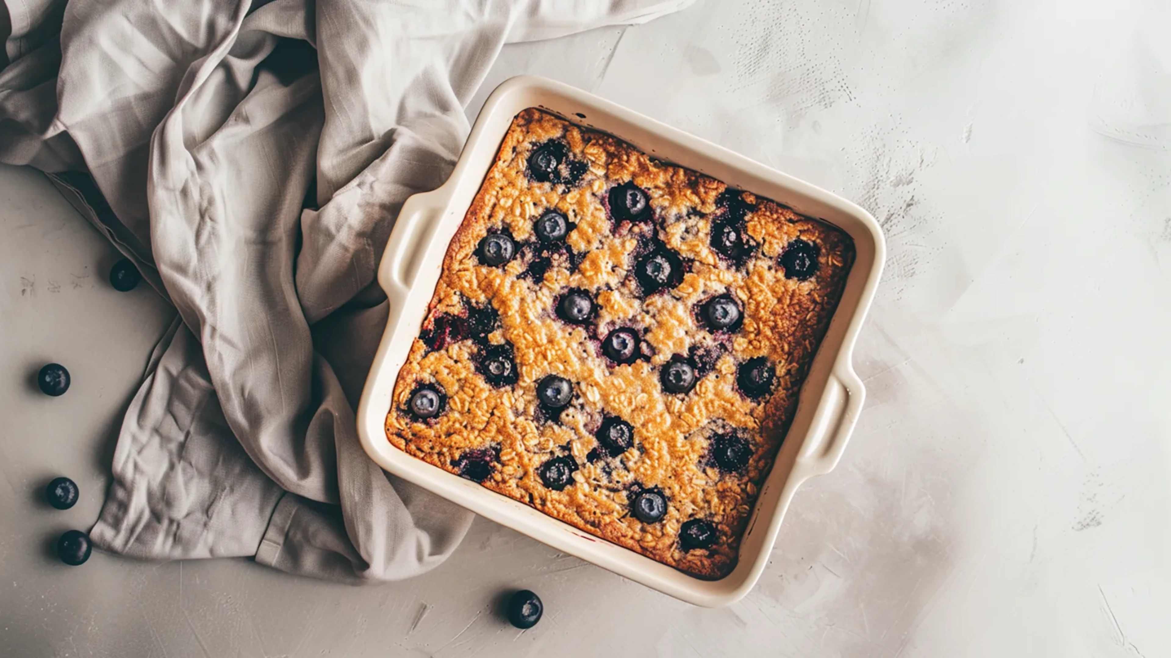Eine Backform mit Baked Oats mit Heidelbeeren neben einem Geschirrtuch