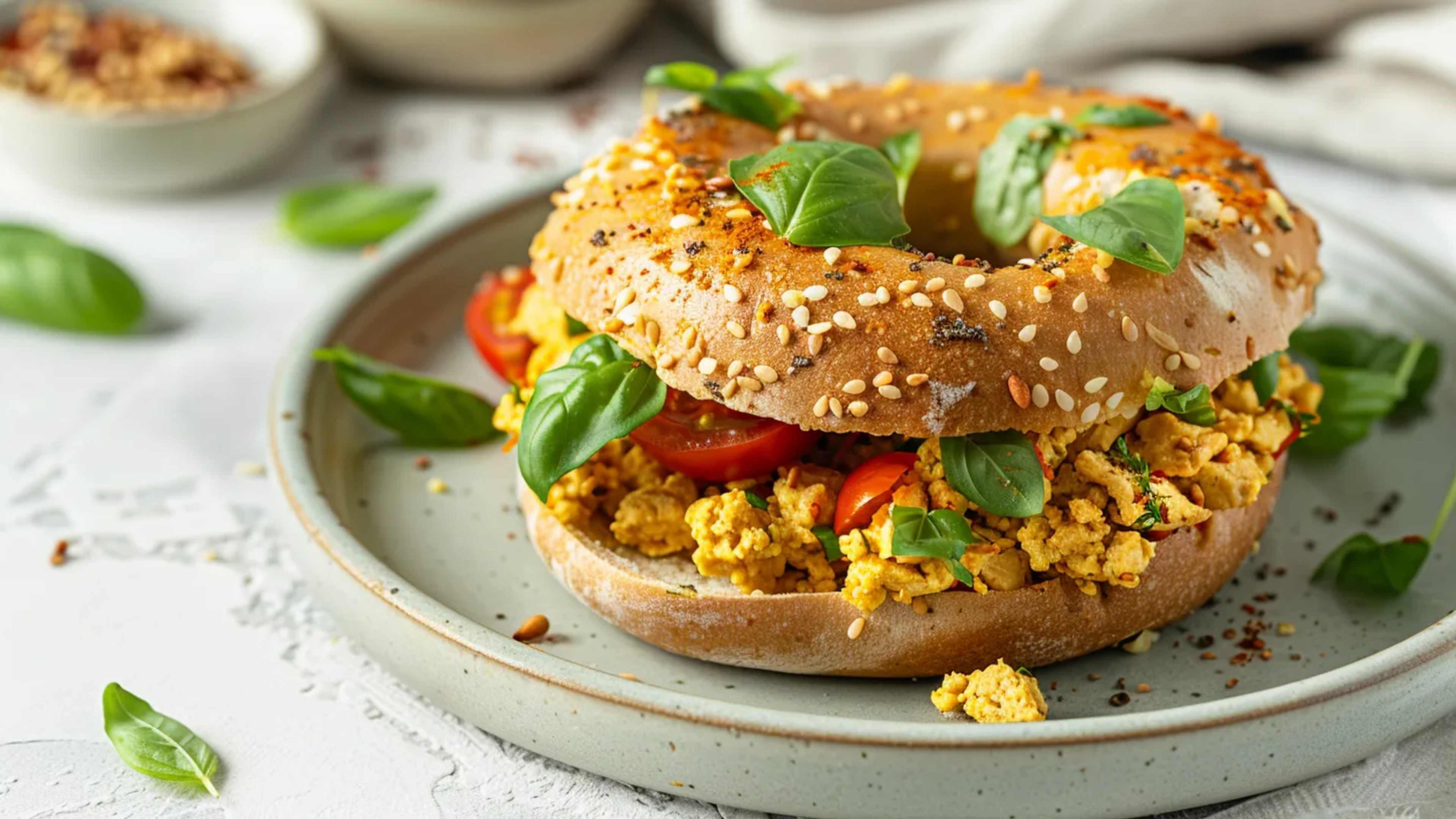 Ein Bagel mit Tofu-Rührei, Tomate und Basilikum