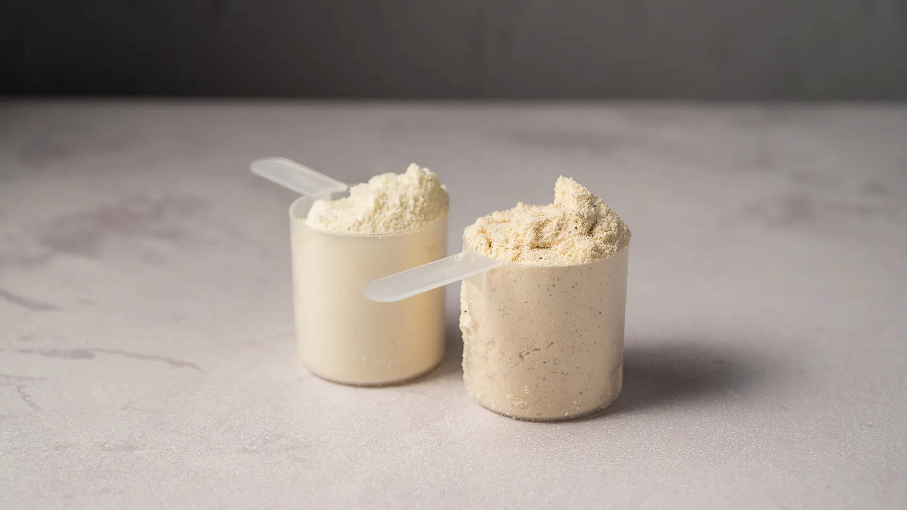 Zwei Scoops mit Whey Proteinpulver
